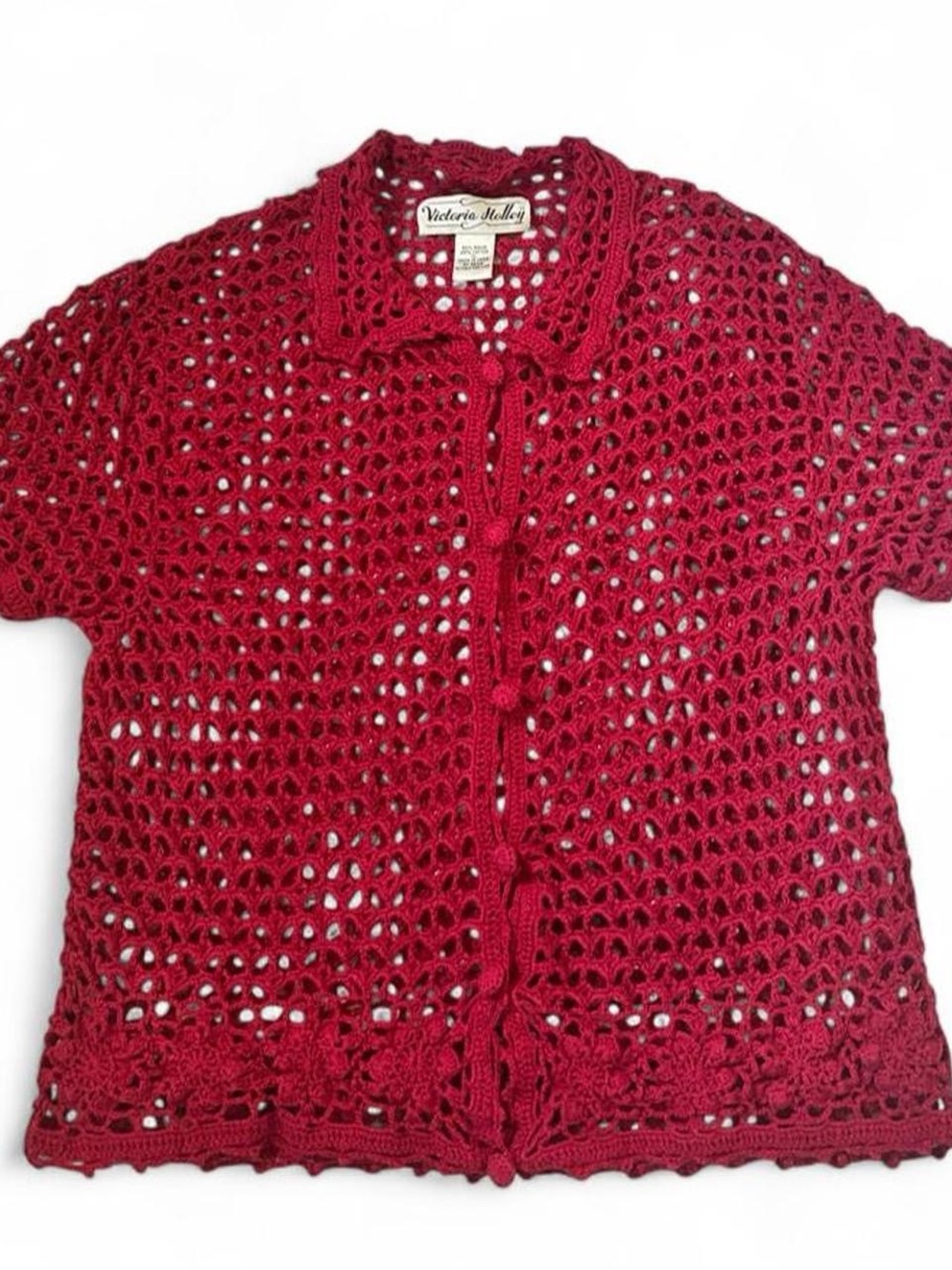 Vintage Victoria Holley Red Crochet Short-Sleeve Button Cardigan